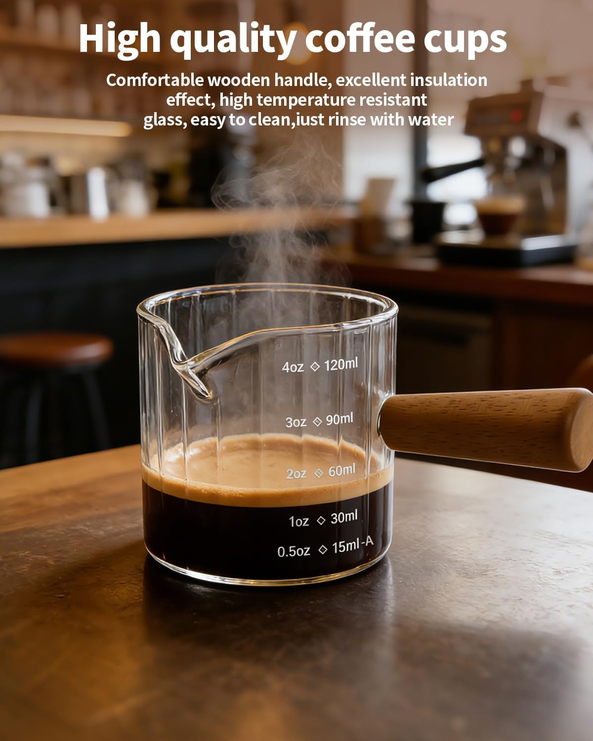 Espresso Measuring Cup 6 Oz, Espresso Glass Cups with Wood Handle, Milk Frothing Cup, Espresso Cup for Coffee, Milk, Tea or Maple Syrup Serving