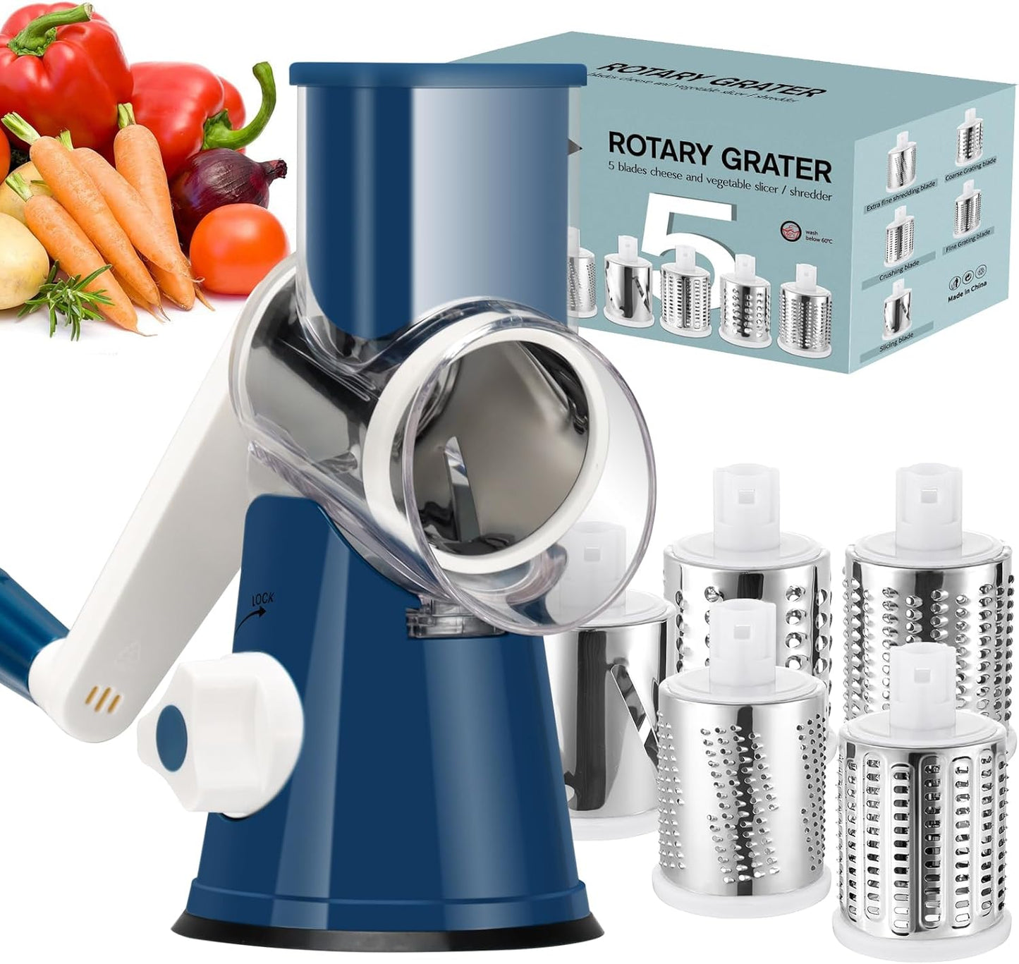 Ourokhome Rotary Cheese Grater Hand Crank, Kitchen Shredder Speed Mandolin Slicer Nut Grinder with Handle and Drum Blades for Cheese, Vegetable, Walnut, Chocolate, Potato, Carrot, 3 Blades, Dark Blue