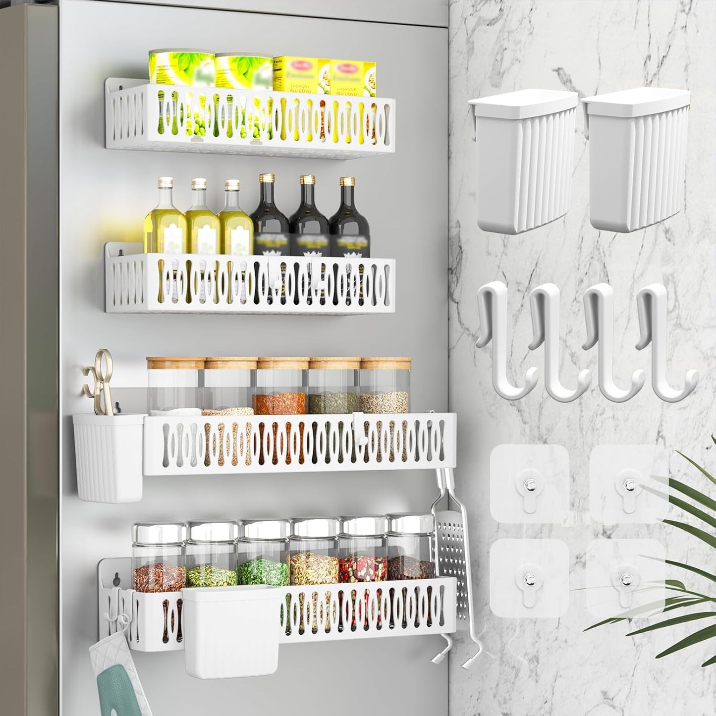 Sevenblue 4 Pack Strong Magnetic Spice Rack for Refrigerator, Multipurpose Magnetic Shelf for Fridge with 4 Hooks for Kitchen and Bathroom Organization, Black