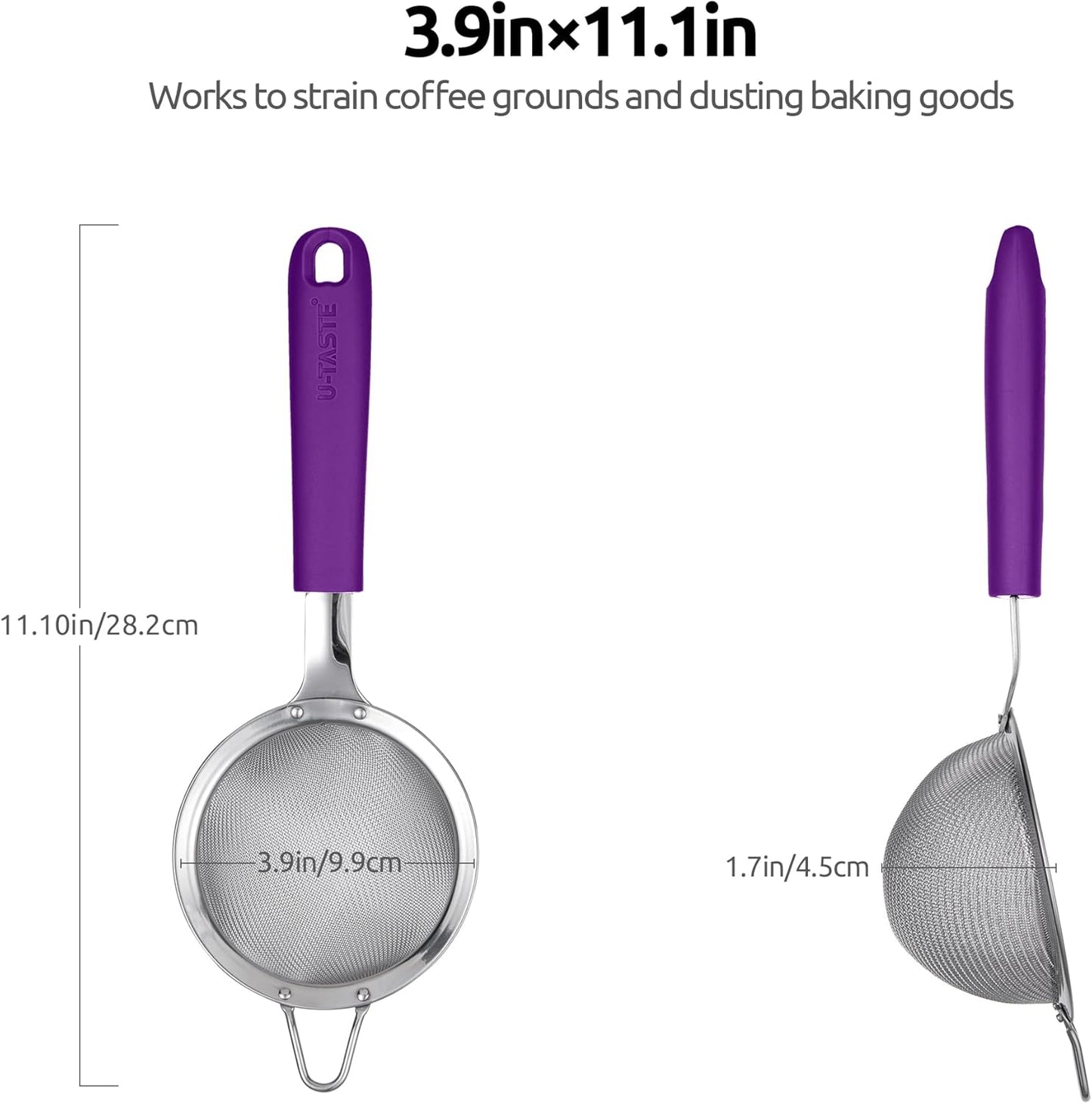 18/8 Stainless Steel Mesh Strainer: U-Taste 5.5 Inch Kitchen Fine Mesh Sieve Food Colander with Riveted Sturdy Silicone Handle and 30 Mesh Hole for Straining Flour, Pasta, Fruit, Quinoa(Aqua Sky)