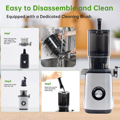 NEWBULIG Cold Press Juicer Machines, Masticating Juicer with High Juice Yield, Reverse Function, Stops Oxidation and Easy to Clean for Vegetables & Fruits, Black