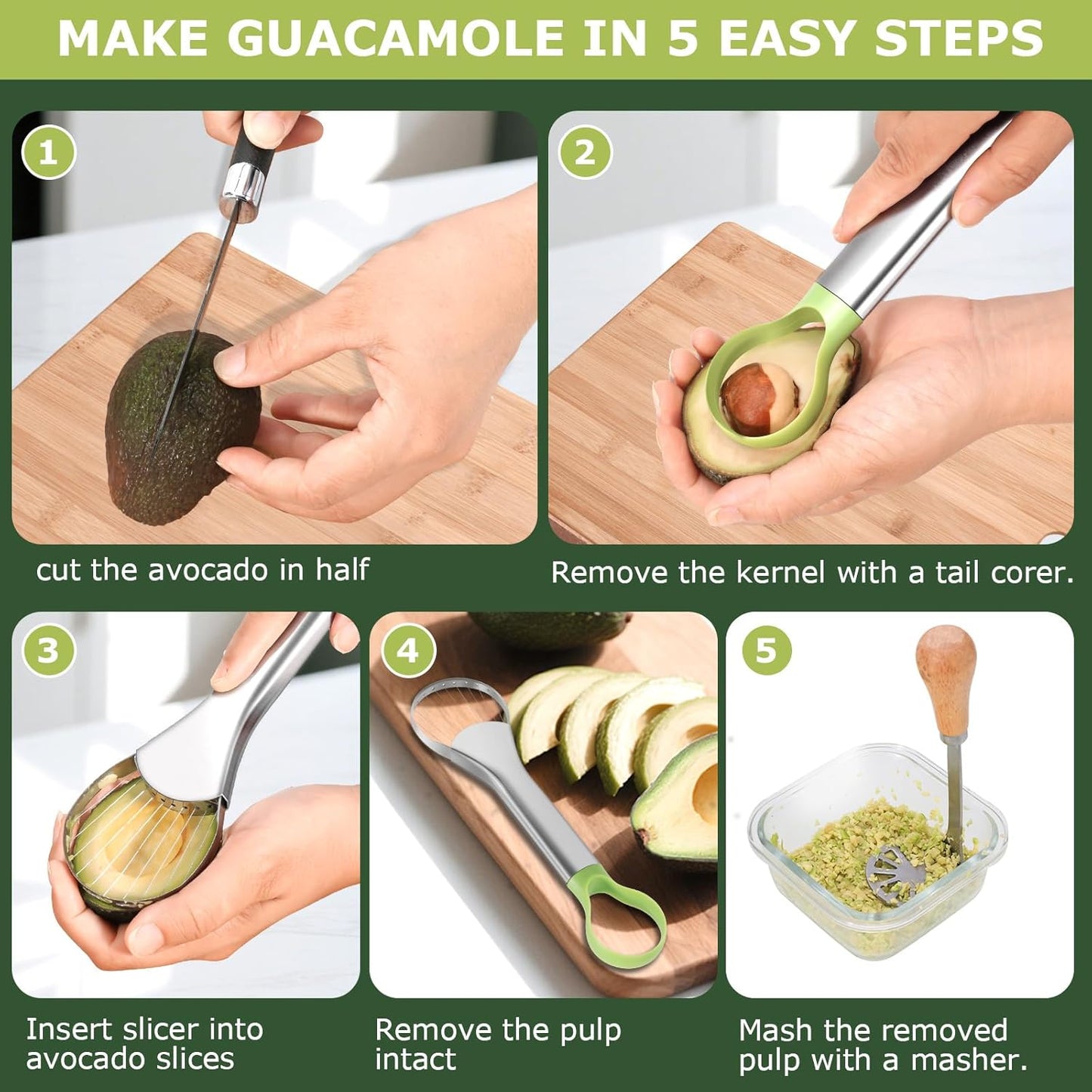 Avocado Slicer Tool 3 in 1, Stainless Steel Avocado Cutter Tool Set, Avocado Masher & Avocado Peeler Tools, Multi-Function Avocado Smasher Tools for Slicing, Scooping and Pit Removal