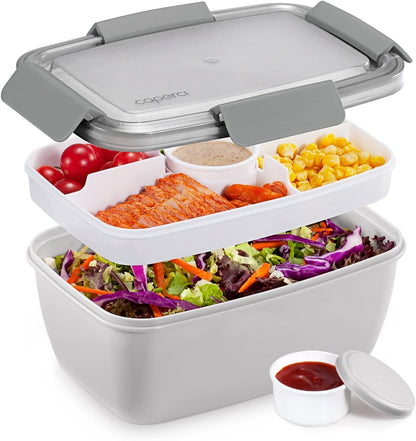Caperci Large Salad Container Bowl for Lunch - Better Adult Bento Lunch Box 68 oz, 5-Compartment Tray, 2pcs 3-oz Sauce Cups, Stackable, BPA-Free (Navy)