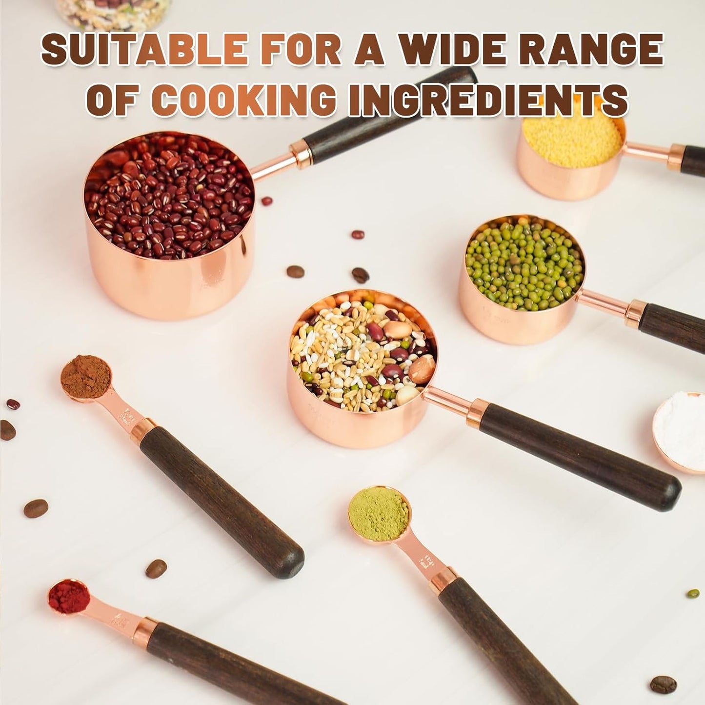 Measuring Cups and Spoons Set,Premium Stainless Steel Measuring Cups and Spoons Set with Wood Handle, 8-Pieces Kitchen Essentials for Baking, Coffee with Ergonomic Grip & Engraved Markings(Silver8)