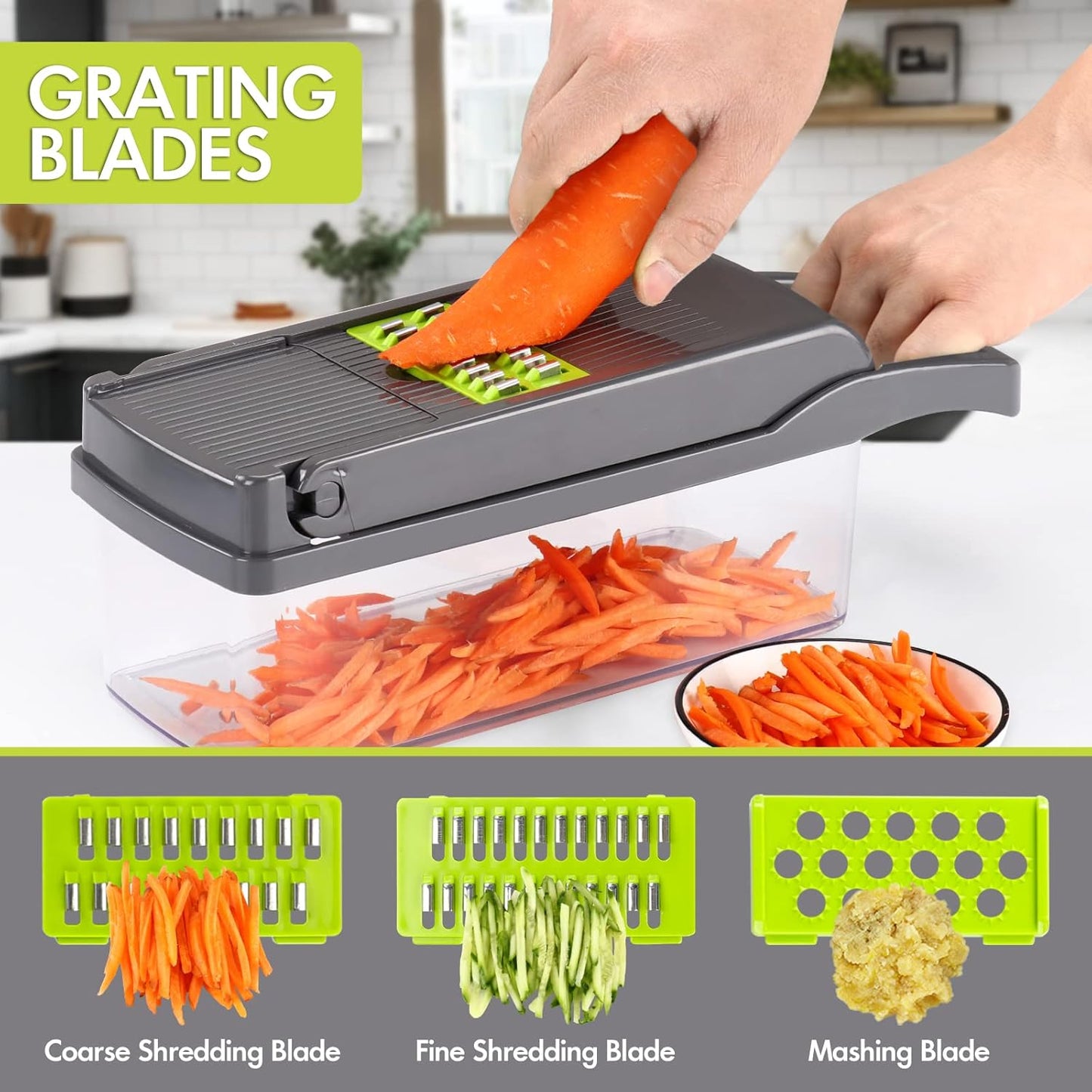 Ourokhome Vegetable Chopper Onion Cutter, 14 in 1 Professional Mandolin Slicer for Kitchen, Multifunctional Food Chopper for Potato, Tomato, Veggie with Strainer Basket, 10 Blades, Gray