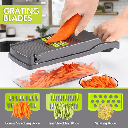 Ourokhome Vegetable Chopper Onion Cutter, 14 in 1 Professional Mandolin Slicer for Kitchen, Multifunctional Food Chopper for Potato, Tomato, Veggie with Strainer Basket, 10 Blades, Gray