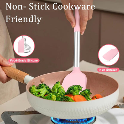 TeamFar Cooking Utensils Set, 5 PCS Silicone Kitchen Utensils with Stainless Steel Handle, for Nonstick Cookware Flipping Frying Turning Draining, Heatproof & Healthy, Nonstick & Easy Clean, Black
