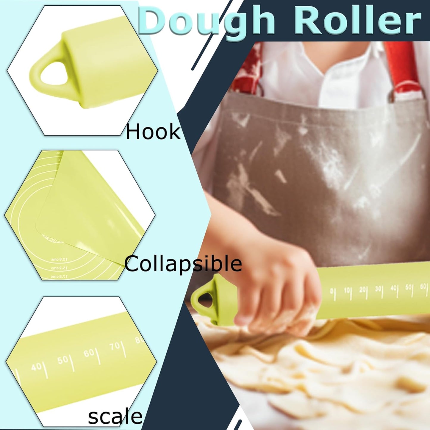 Rolling Pin Silicone Baking Pastry Mat Set,Pizza Dough Roller Baking Mat for Rolling Dough Non Slip Extra Large with Measure,Kitchen Counter Mat for Pie,Crust,Cookies,Bread,Pastries,Pasta, 15.7" x 24"