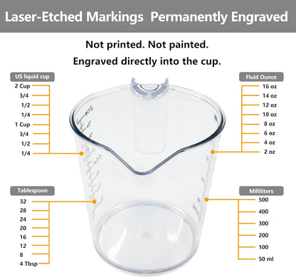 Laser-Etched Measuring Cup Set, 16 oz & 1 Cup Clear Plastic Liquid Measuring Cups, Permanent oz/cup/Tbsp/mL Markings, Food-Grade for Baking & Cooking