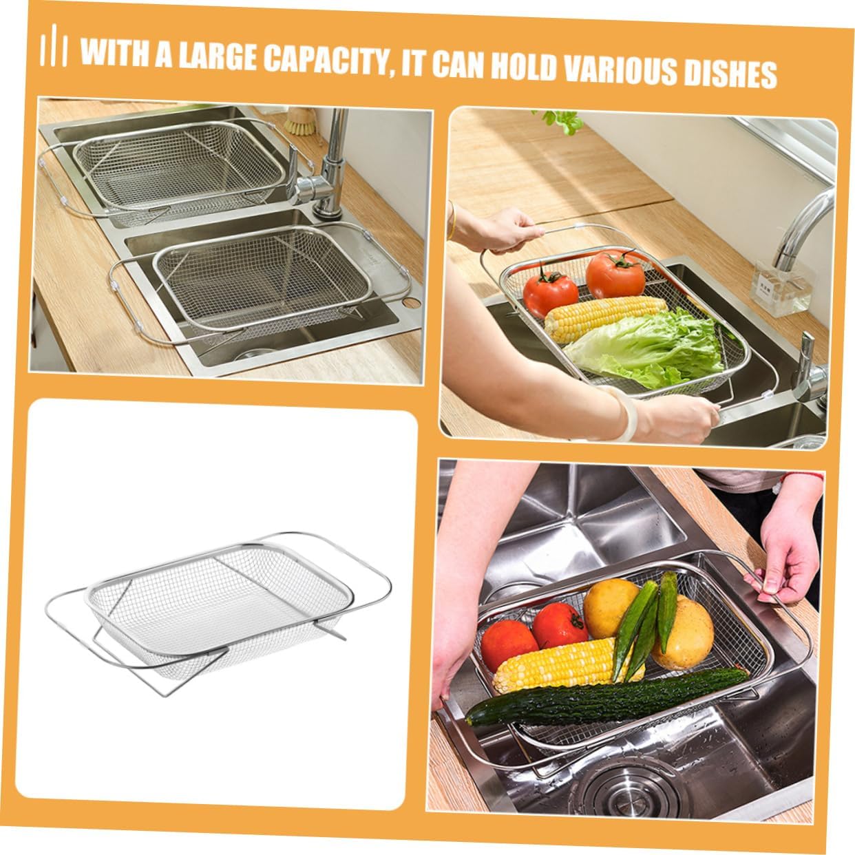 Kichvoe Extendable Stainless Steel Sink Drain Basket Retractable Kitchen Strainer for Food Vegetables and Utensils Large Capacity Reusable Drainer with Drainage Fits Various Sink