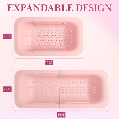 Paris Hilton Over the Sink Expandable Colander, Extendable Strainer, Adjustable from 14.5 inches to 19.5 inches, Fits most kitchen sinks, Made without BPA, Pink