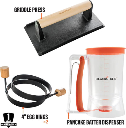 Plastic Batter Dispenser, Cast Iron Bacon Griddle Weight Press, 10 Inches Stainless Steel Omelet Egg Ring, Wood Wooden Crepe Spreader Spatula