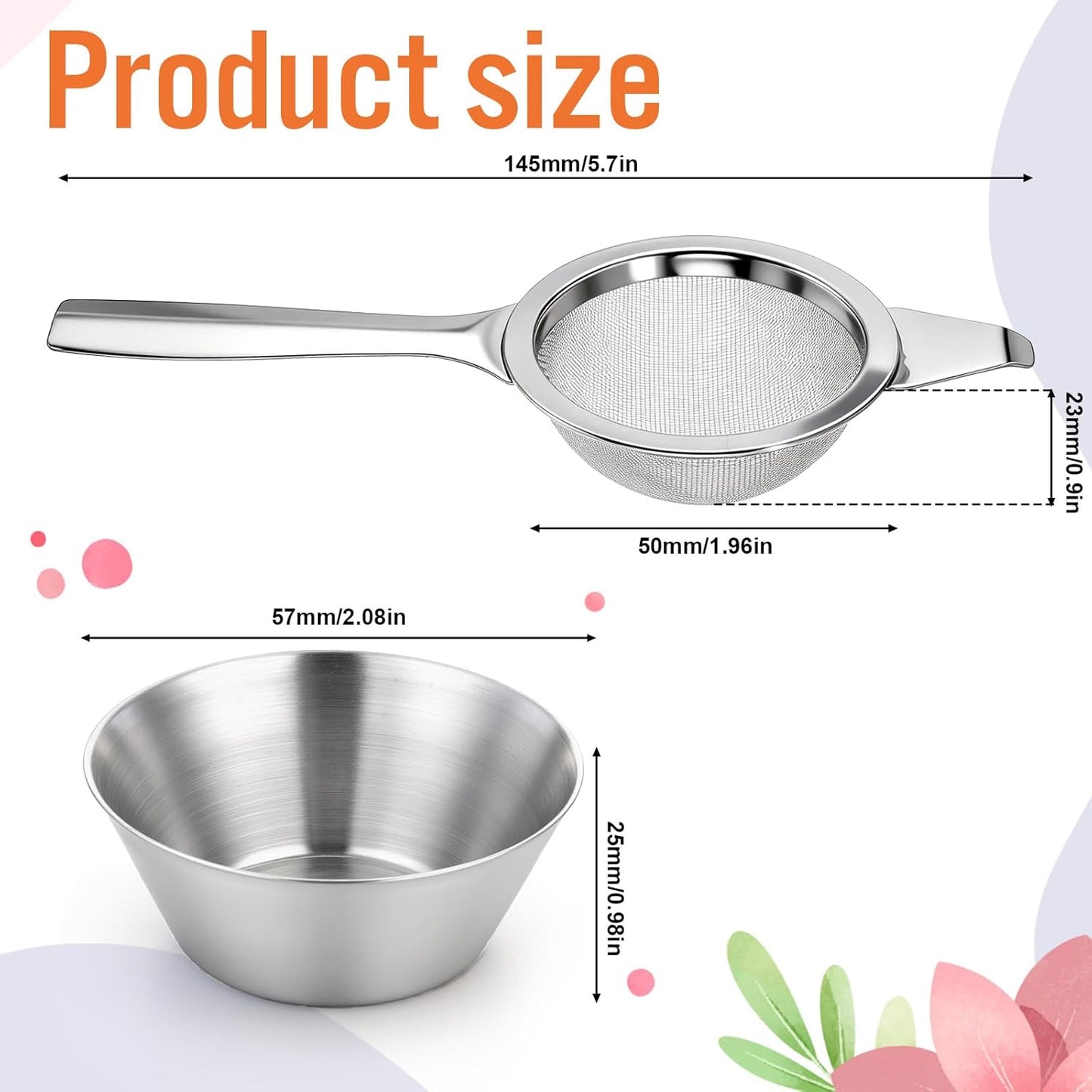 2 PCS Matcha Sifter, Small Fine Mesh Strainer Metal Micro Sifter Mini Cocktail Strainer with Base Stainless Steel Sieve with Handle for Tea, Juicing, Coffee, Cocktail, Powdered Sugar