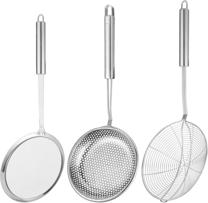 3 PCS Stainless Steel Spider Strainer Set, Long Handle Wire Skimmer Spoon and Fine Mesh Sieves, 304 Steel Kitchen Oil Frying Scoop, Noodle Pasta Strainer for Cooking, Hanging Loop