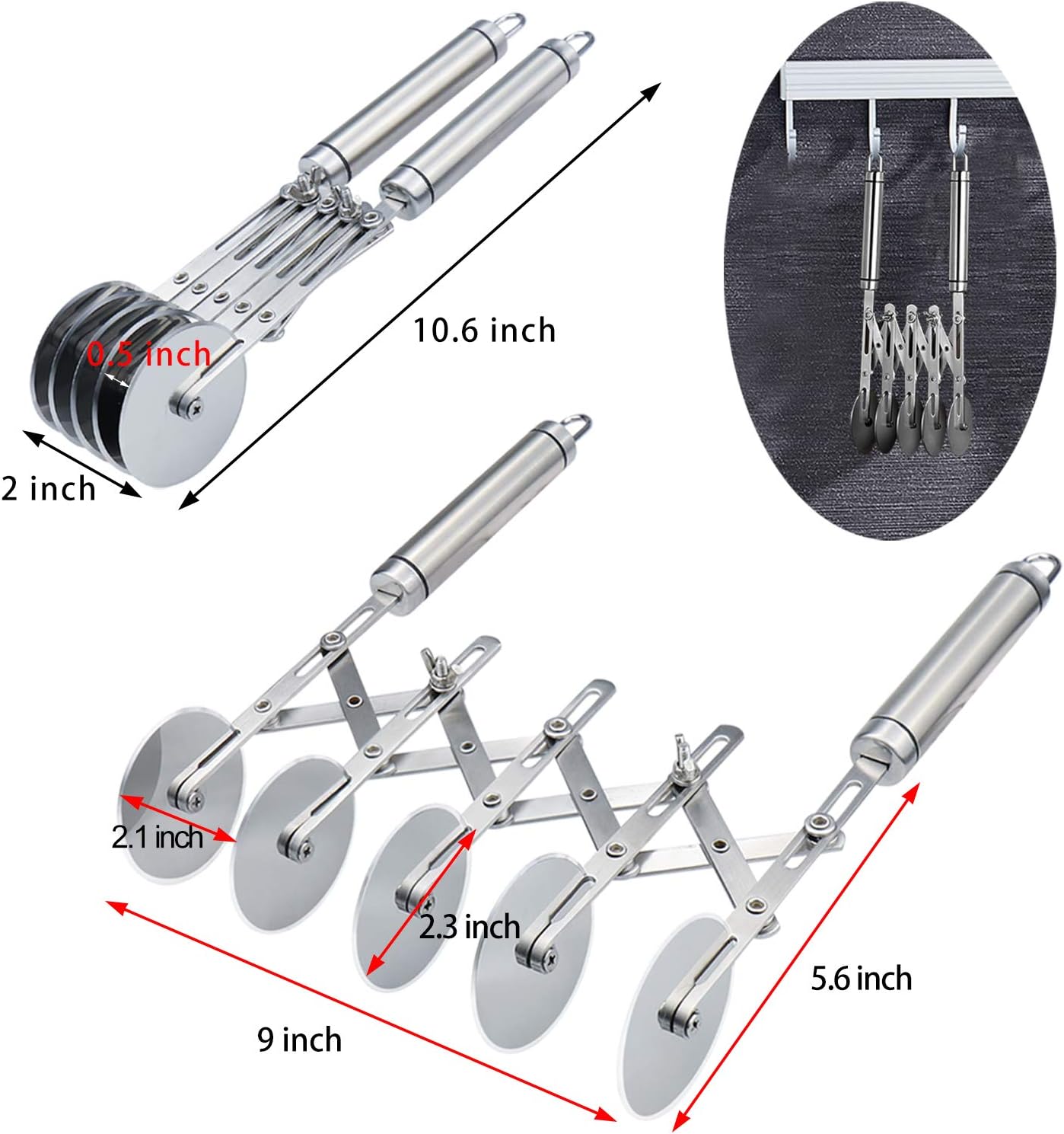 Juome 5 Wheel Pastry Cutter with Wooden Handle, Multi-Round Wheel Pasta Dough Cutter Roller Pizza Slicer Accordion Pastry Knife Divider Tool