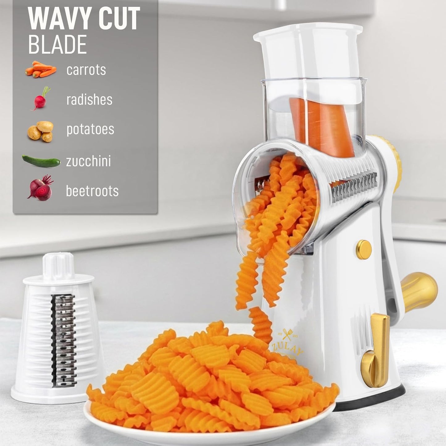 Zulay Kitchen Rotary Cheese Grater 5 Blade Cheese Shredder - Manual Hand Crank Cheese Grater With Reinforced Suction & 5 Interchangeable Drums - Easy to Use, Vegetable Chopper Round Mandoline Slicer - Colors A
