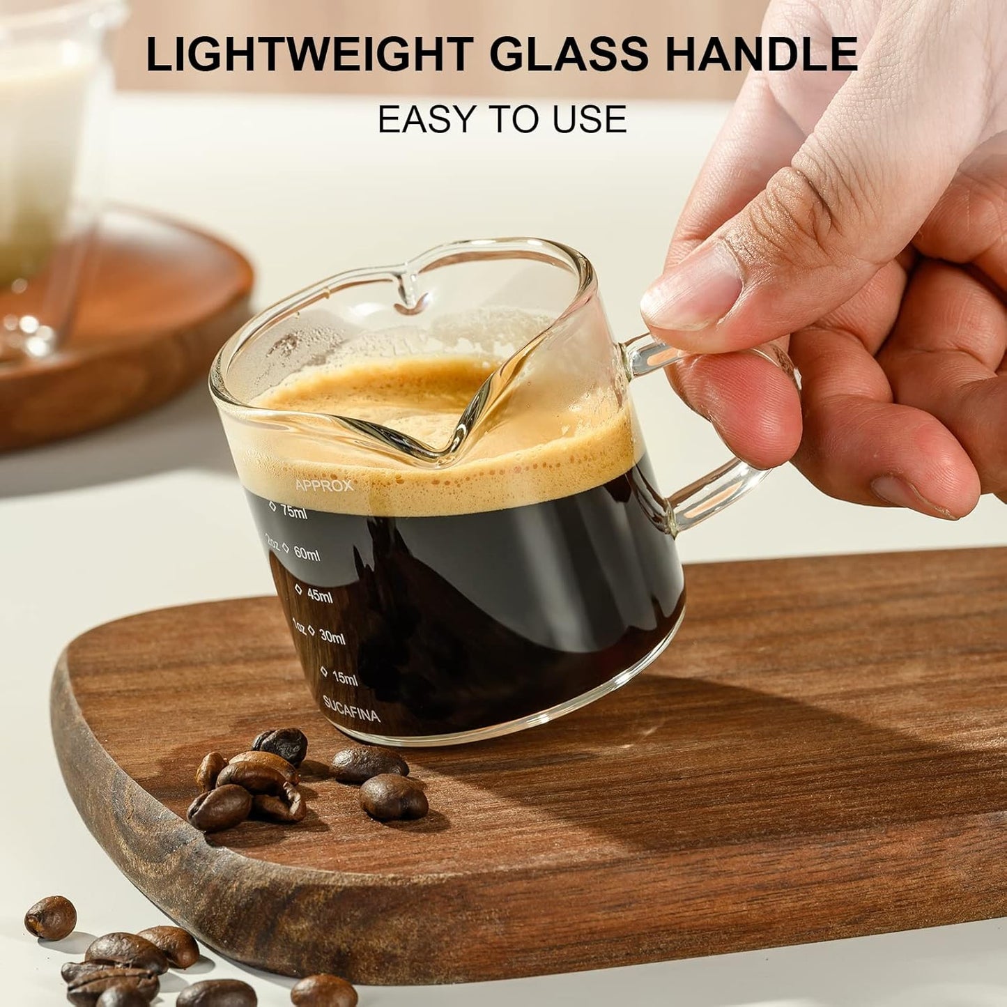 PARACITY Espresso Cup with Handle, 2.5 OZ Double Spout Clear Glass Measuring Cup with Dual Scale, Espresso Shot Glass with V-Shaped Mouth, Espresso Accessories
