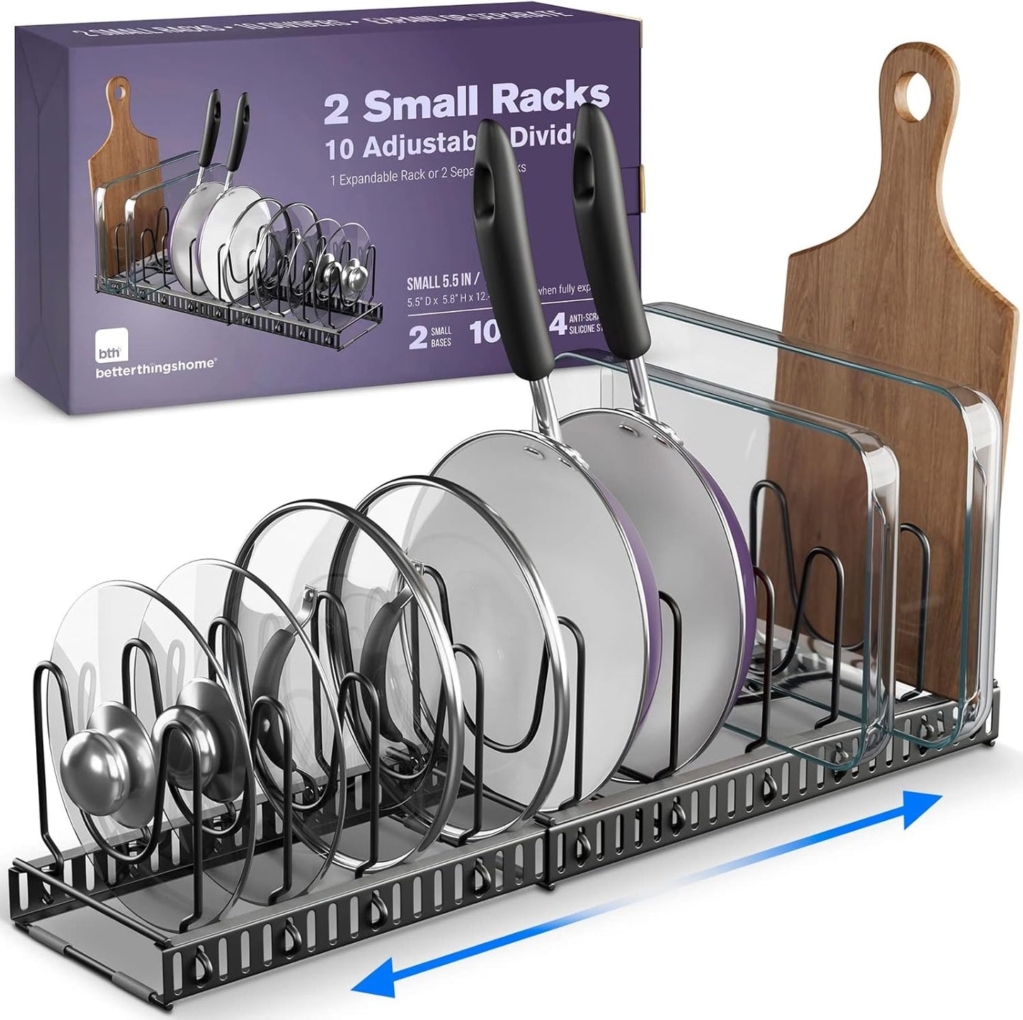 Better Things Home 7.5” Wide 12-Slot Adjustable Large Pan and Pot Lid Organizer with Scratch-Free Pads, Expandable Pot Lid Holder Rack for Cabinet, Pots and Pans Organizer Inside Cabinet