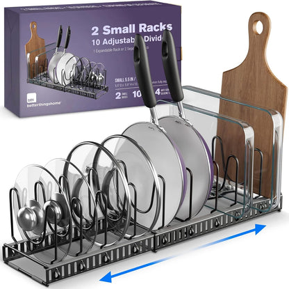 Better Things Home 7.5” Wide 12-Slot Adjustable Large Pan and Pot Lid Organizer with Scratch-Free Pads, Expandable Pot Lid Holder Rack for Cabinet, Pots and Pans Organizer Inside Cabinet