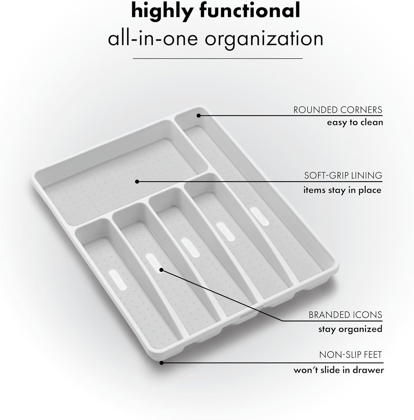 madesmart Classic Large Silverware Tray - White |CLASSIC COLLECTION | 6-Compartments| Kitchen Drawer Organizer | Soft-Grip Lining and Non-Slip Rubber Feet | BPA-Free