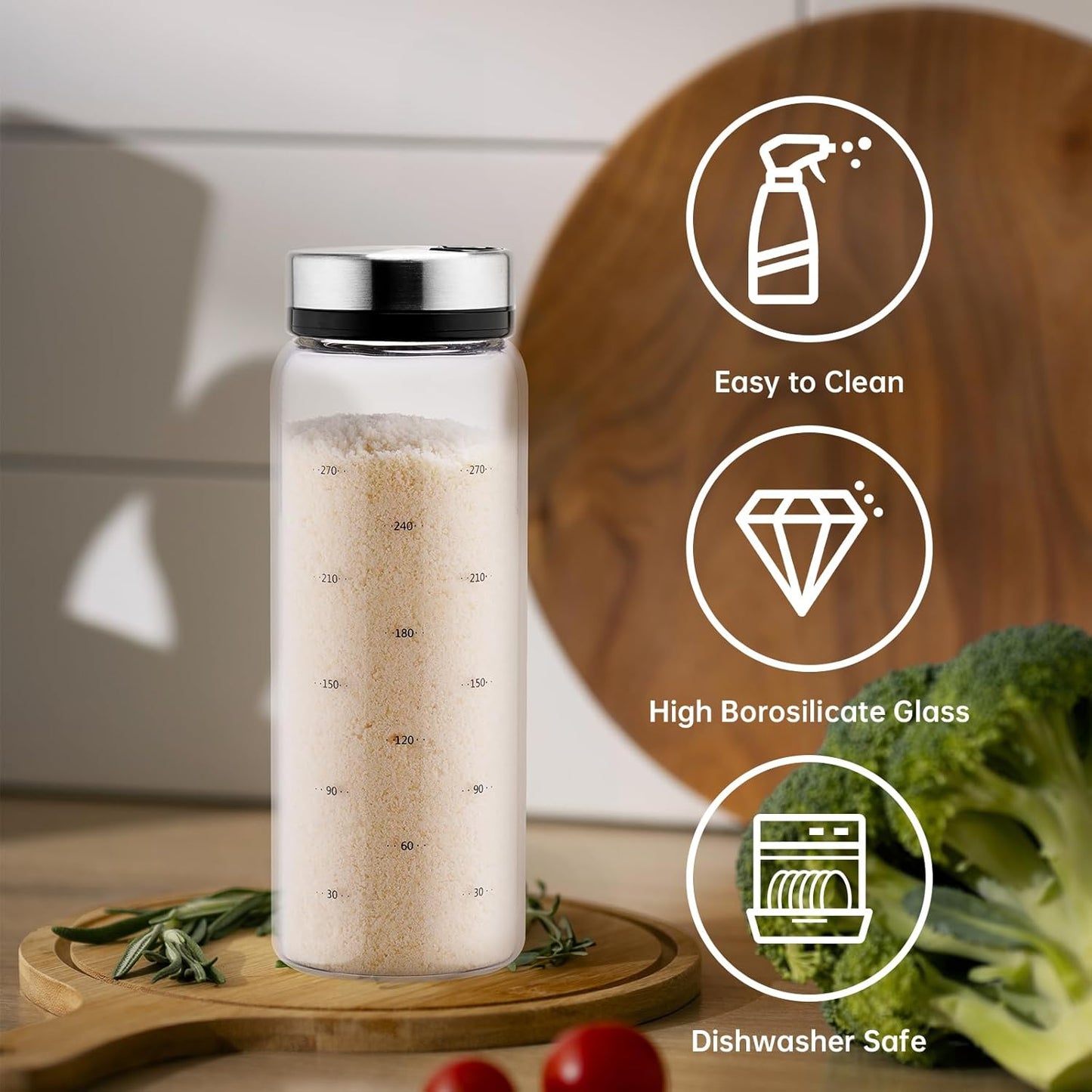 NiHome 2-Pack Spice Shakers with Adjustable Stainless-Steel Lids for Parmesan Cheese, Chili Flakes, Herbs, Salt, Pepper, 10oz Borosilicate Glass Seasoning Dispensers, Easy Refill and Dishwasher Safe