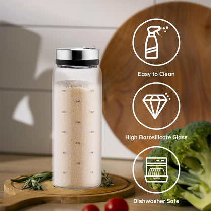 NiHome 2-Pack Spice Shakers with Adjustable Stainless-Steel Lids for Parmesan Cheese, Chili Flakes, Herbs, Salt, Pepper, 10oz Borosilicate Glass Seasoning Dispensers, Easy Refill and Dishwasher Safe