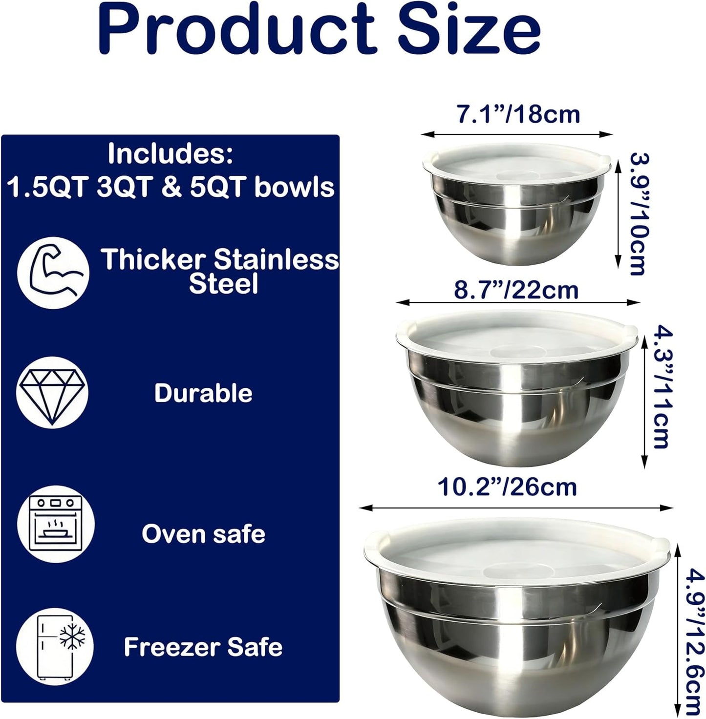 Stainless Steel Mixing Bowls With Lid, Metal Nesting Mixing Bowl Set Of 3, Prep Bowls For Food Prep, Cooking, Baking, Serving, Storage, Dishwasher Safe, Metal Bowls with Lids for 1.5/3/5 Qt, Silver