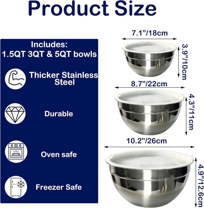 Stainless Steel Mixing Bowls With Lid, Metal Nesting Mixing Bowl Set Of 3, Prep Bowls For Food Prep, Cooking, Baking, Serving, Storage, Dishwasher Safe, Metal Bowls with Lids for 1.5/3/5 Qt, Silver