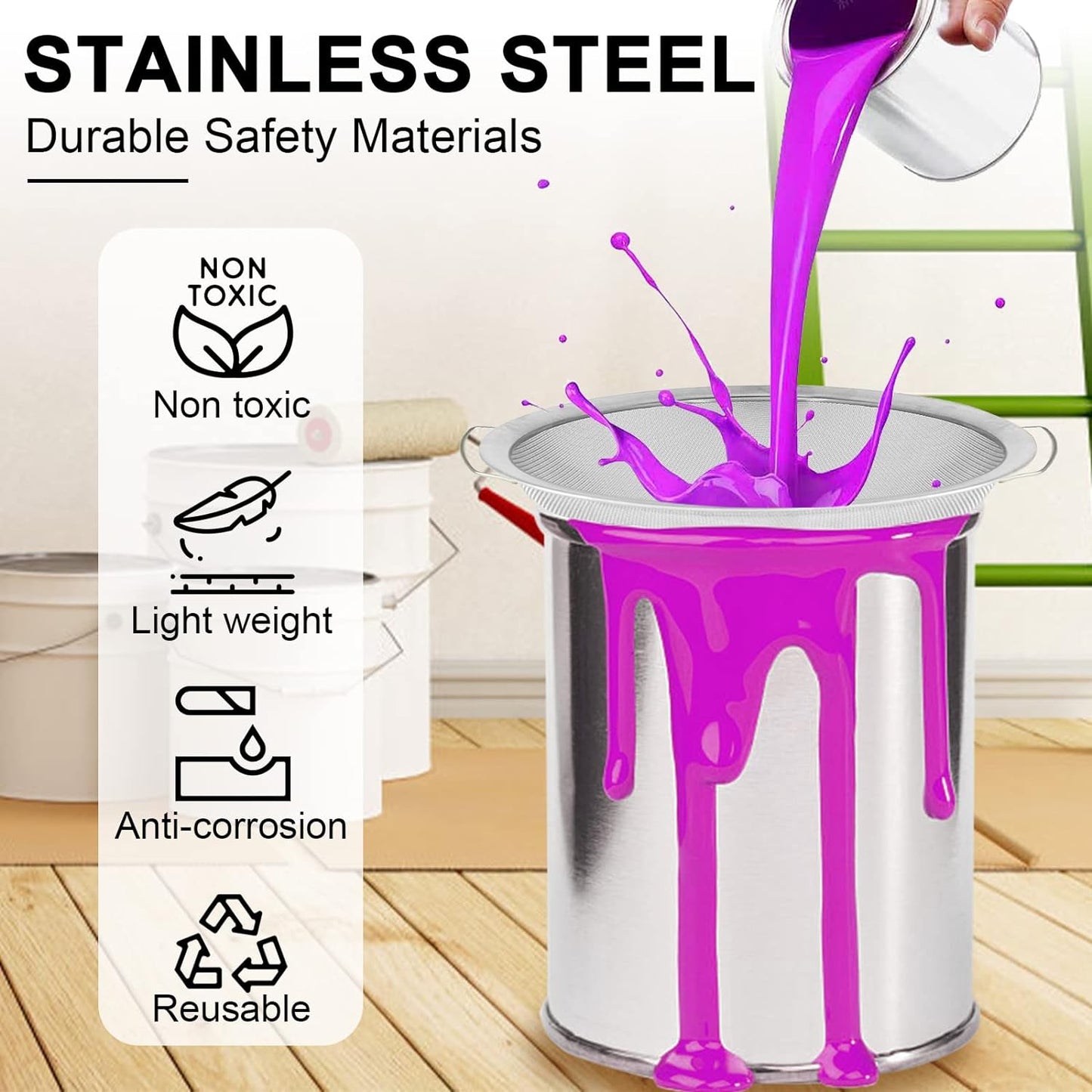 4 Packs Fine Mesh Paint Strainer 60 Mesh Stainless Steel Paint Filter Emulsion Honey Funnel Filter Paint Bucket Filter Tool Insert Strains