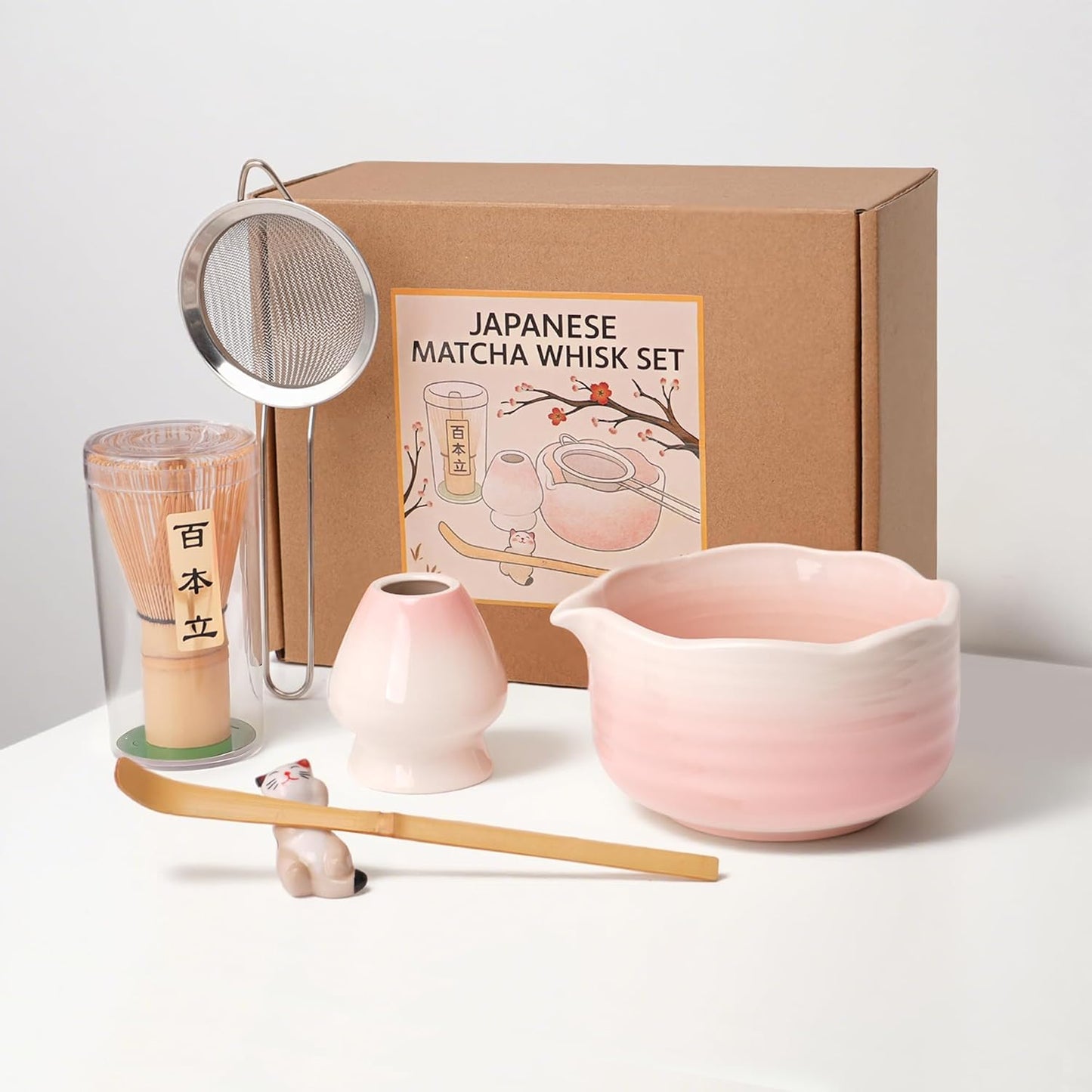6-Piece Matcha Whisk Set Pink, 18oz Matcha Bowl with Spout, Bamboo Whisk and Chasen Holder, Pink Matcha Kit, Cute Macha Gift Set for Women & Matcha Lovers Starters, Mother's Day Gift