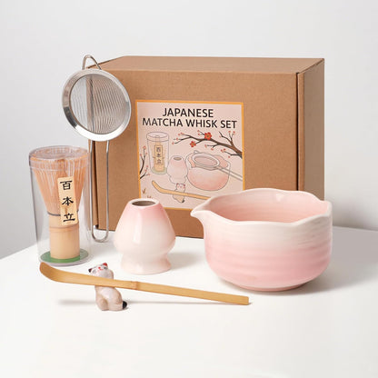6-Piece Matcha Whisk Set Pink, 18oz Matcha Bowl with Spout, Bamboo Whisk and Chasen Holder, Pink Matcha Kit, Cute Macha Gift Set for Women & Matcha Lovers Starters, Mother's Day Gift