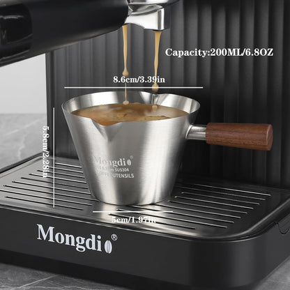Mongdio Espresso Measuring Cup, Stainless Steel Espresso Shot Cups with Wooden Handle and Double Spouts, 6.8OZ/200ML, White