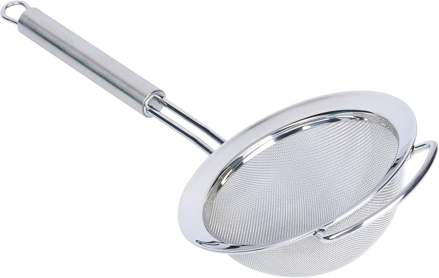 Restaurantware 11.5 in Stainless Steel Fine Mesh Strainer - German Standard Sieve Sifter with Ergonomic Handle, Dishwasher Safe - Reinforced Metal Food Strainer for Quinoa, Soup, Sauce, Baking
