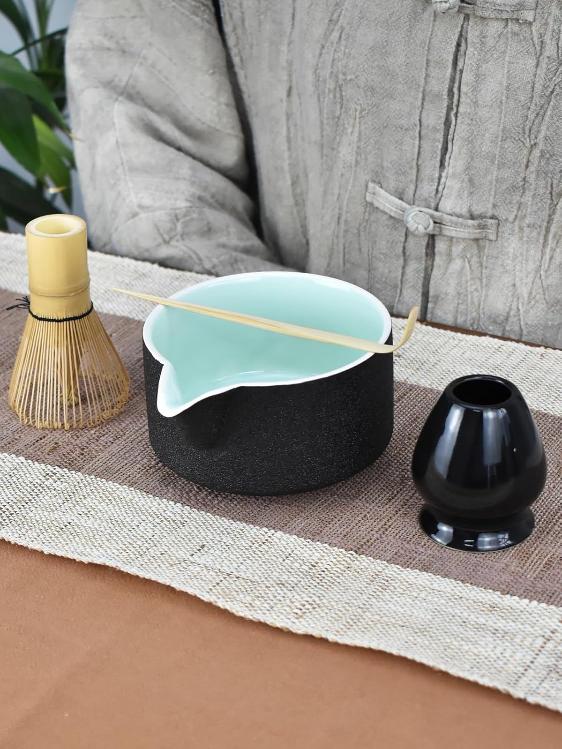 Artcome 4 Pcs Complete Matcha Ceremony Kit - Japanese Bowl With Pouring Spout, Whisk, Holder, Scoop - Tea Set for Making Usucha, Koicha and Latte (Green)