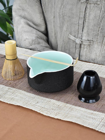 Artcome 4 Pcs Complete Matcha Ceremony Kit - Japanese Bowl With Pouring Spout, Whisk, Holder, Scoop - Tea Set for Making Usucha, Koicha and Latte (Green)