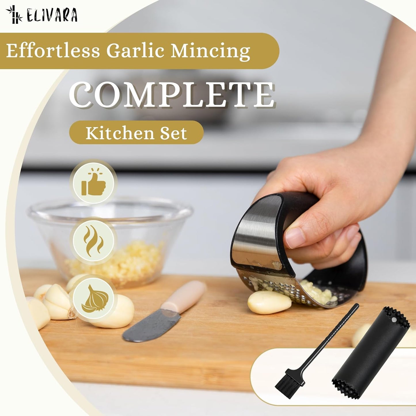 Stainless Steel Garlic Press Rocker Set (Black) - Includes Silicone Peeler and Cleaning Brush for Effortless Garlic Mincing