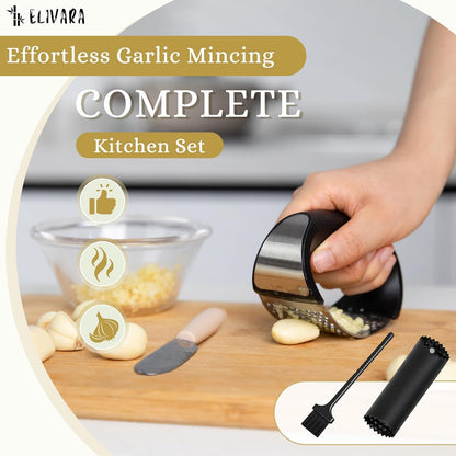 Stainless Steel Garlic Press Rocker Set (Black) - Includes Silicone Peeler and Cleaning Brush for Effortless Garlic Mincing