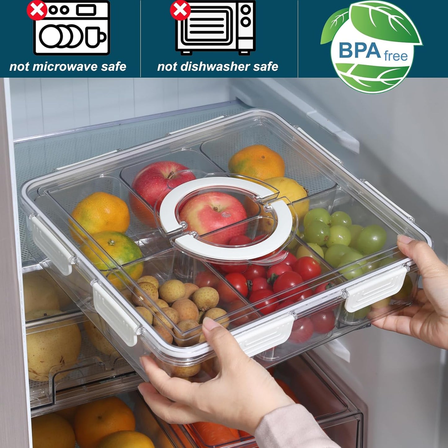 Taiuloo Airtight Fruit Storage Containers for Fridge with Lid & Handle, BPA-Free Snack Box Container with 4 Removable Colanders, Berry Vegetable Fresh Produce Saver, Clear Refrigerator Organizer Bins