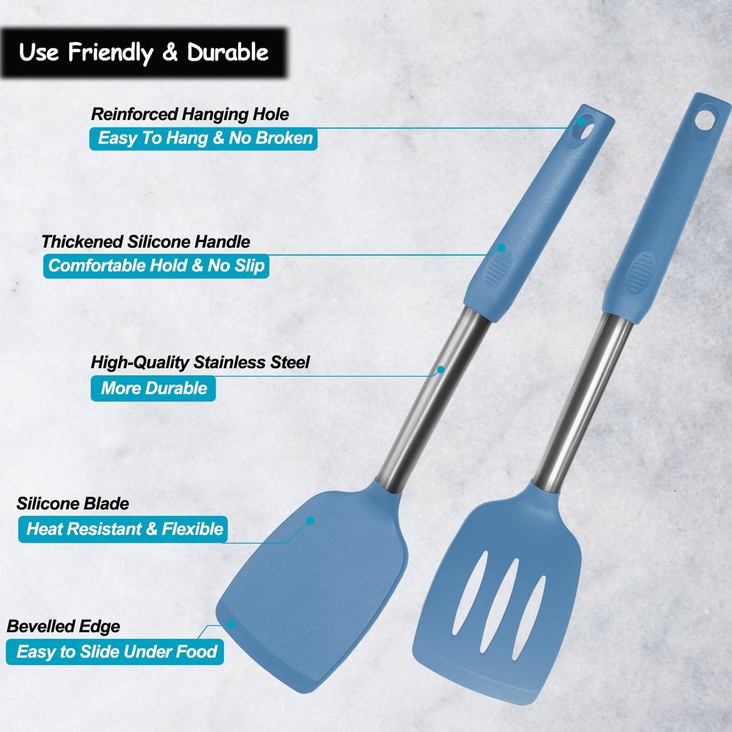 Silicone Spatula and Cooking Spoon,5 Pack Non-Stick Cooking Utensils for Kitchen，Heat Resistant Solid & Slotted Spoons and Spatulas, Stainless Steel Handle Coated with Silicone,Black