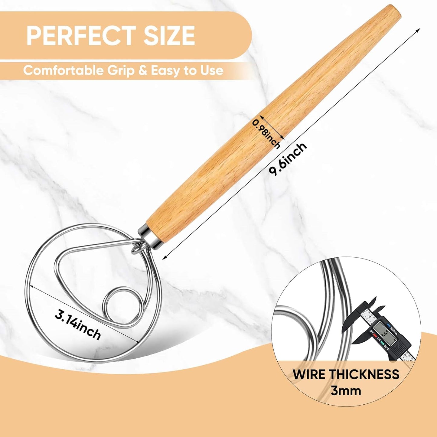 Maxjoy Danish Dough Whisk Wooden Dutch Bread Mixer with Stainless Steel Hook for Sourdough Baking Hand Tool