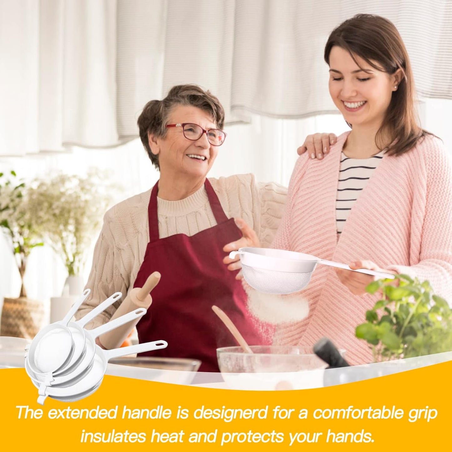 4 Pack Fine Mesh Nylon Strainers with Handle Food Grade Kitchen Sieve Colander with Hanging Hooks Plastic Nylon Mesh Strainers for Yogurt Nut Milk Coffee Juice Kefir Tea (3", 5", 6", 7")
