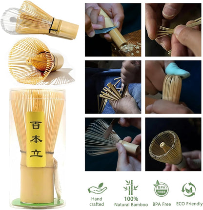 Matcha Whisk Set, 5 Pcs Traditional Japanese Matcha Whisk Preparation Kit, White Glossy Ceramic Bowl with Black Cat and Strawberry Pattern