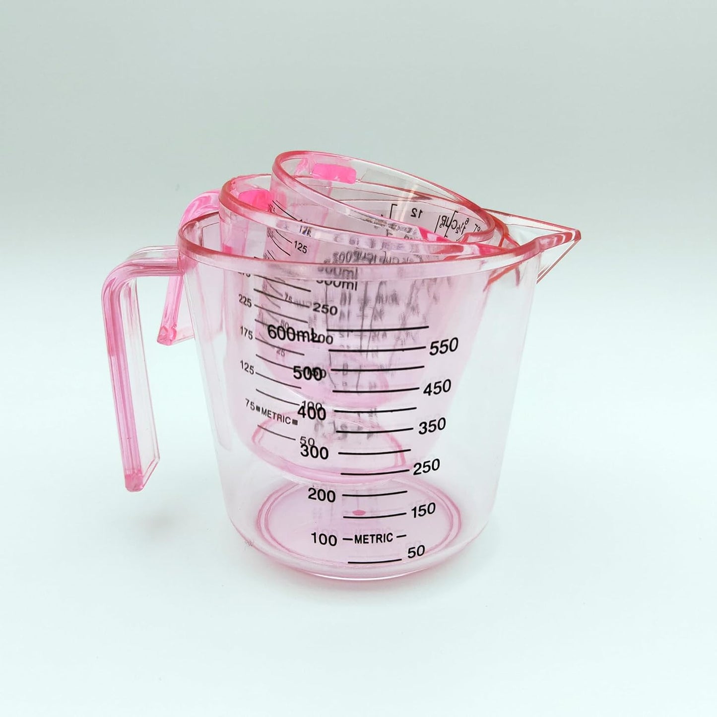 Plastic Measuring Cup Set, Kitchen Cooking and Baking Seasoning Liquid Measuring Cup, Multiple Scale Identification, with Handle and Triangle Mouth, 150ml, 300ml, 600ml, 3-piece Set (Pink)