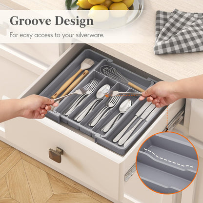 Lifewit Silverware Drawer Organizer, Expandable Utensil Tray for Kitchen, BPA Free Flatware and Cutlery Holder, Adjustable Plastic Storage for Spoons Forks Knives, 11-18 x 14", Black