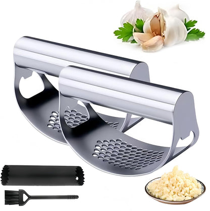 Stainless Steel Garlic Presser, 2025 Upgrade Garlic Press Rocker Garlic Mincer Garlic Press Stainless Steel, Garlic Chopper with Peeler and Cleaning Brush Kitchen Tools (1, Silver)