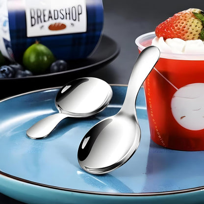 5PCS Short Handle Spoon, Stainless Steel Mini Spoons Thickened Small Round Spoon For Salt Condiments Dessert Tea Coffee (Black)