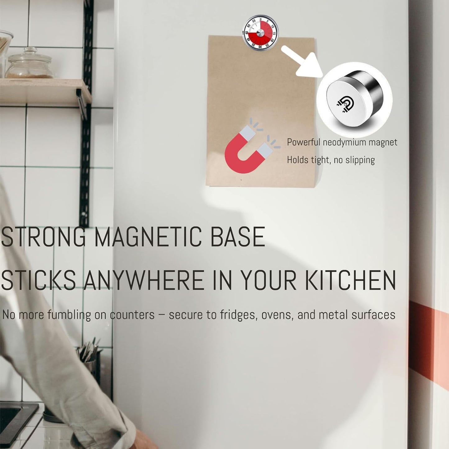 Kitchen Magnetic Visual Cooking Mechanical Timer with Loud Alarm, No Batteries Required, Stainless Steel, Countdown 60 Minute Wind Up Timer for Study, Chef, Teacher, Office (White)
