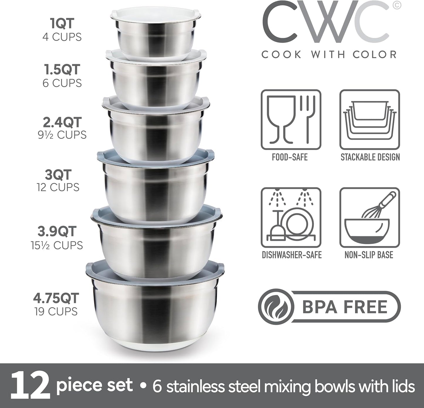 COOK WITH COLOR Stainless Steel Mixing Bowls Set with Lids - Nesting Bowls with Non-Slip Bottom, Silver, 14 Pieces