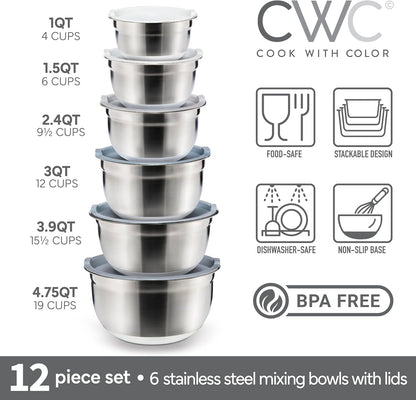 COOK WITH COLOR Stainless Steel Mixing Bowls Set with Lids - Nesting Bowls with Non-Slip Bottom, Silver, 14 Pieces