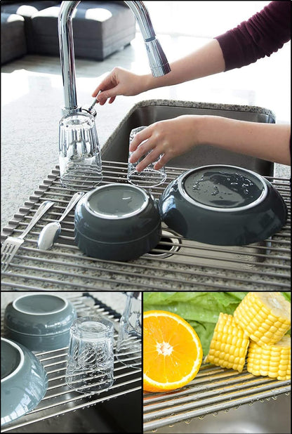 Tomorotec 17.7" x 15.5" Roll Up Dish Drying Rack Over Sink Drying Rack Sink Cover Kitchen Sink Accessories Gadget Multipurpose Organizer Foldable Stainless Steel Drainer